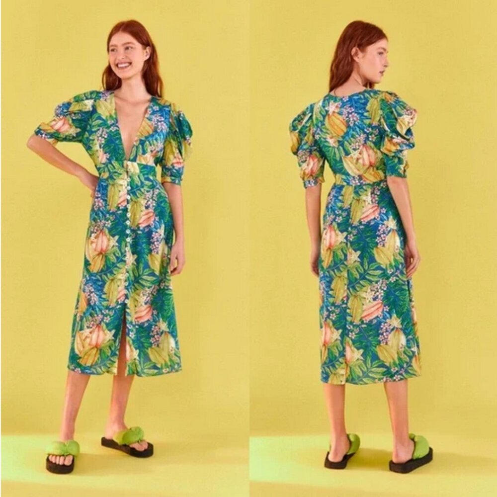 Farm Rio Star Fruit Puff Sleeve Midi Dress Size L NWT
